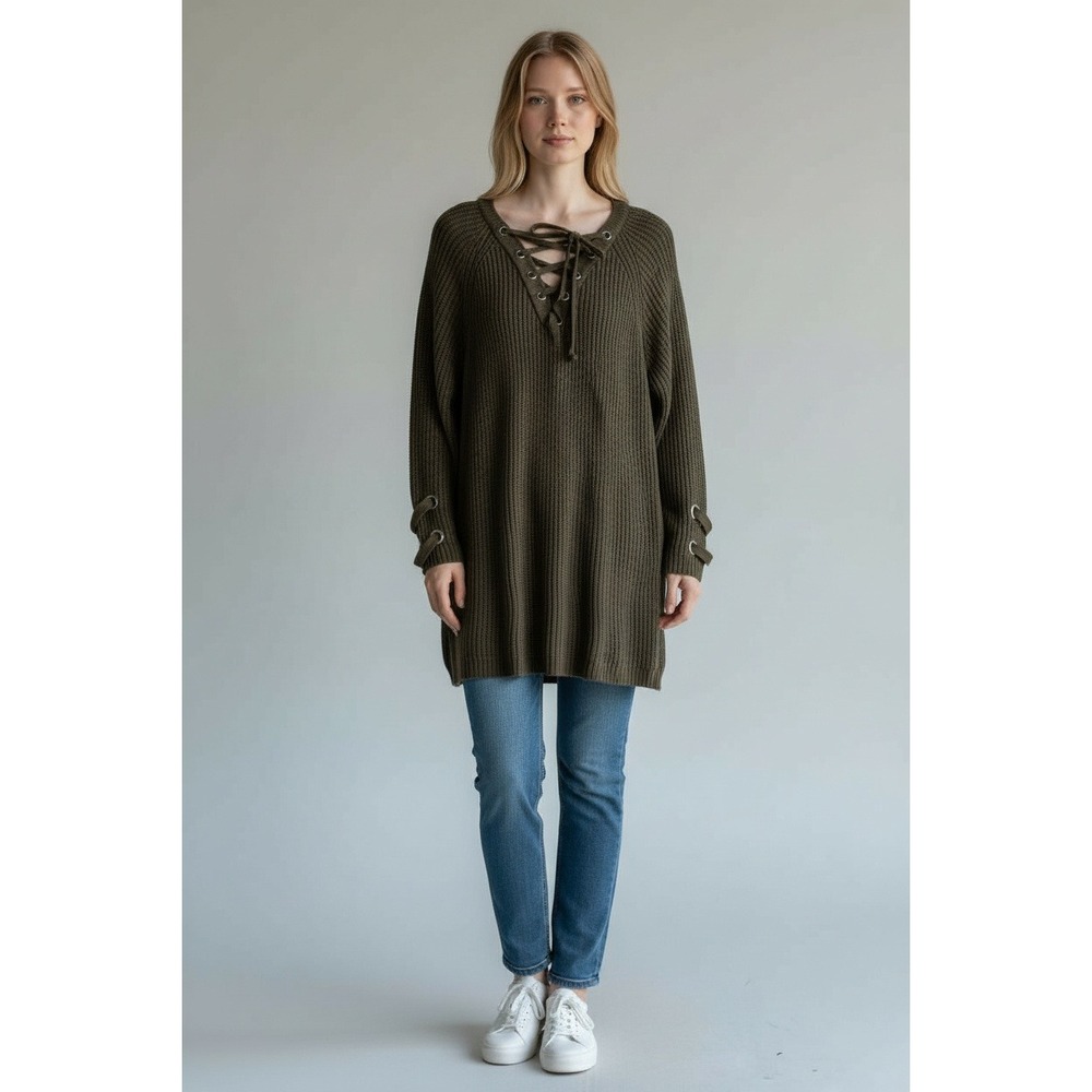 Military Hippie Sweater Dress Olive Green Lace Up‎ Knit Grandma Cabincore Large
